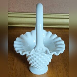 Vintage Fenton White Milk Glass Hobnail Basket with Ruffled Edge